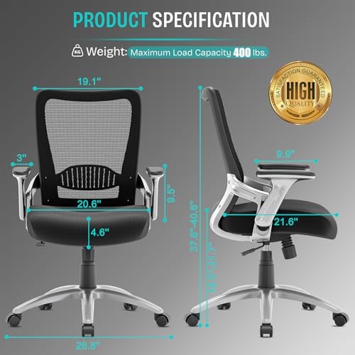 SUNNOW Office Chair, Ergonomic Computer Desk Chair, Sturdy Executive Task Chair - Adjustable Lumbar Support, Flip-up Arms, Tilt Function, Comfy Wide Seat, Swivel Mesh Home Office Desk Chairs (Black) - Thumbnail 4