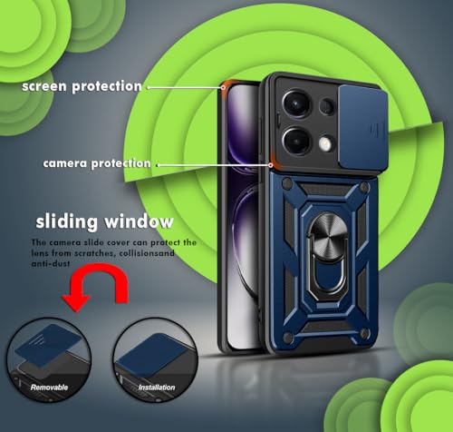 Image of Hupshy Back Cover for Oppo K13 5G | D10 Tough Armor Case | Sliding Camera Shield | 360 Protection | Kickstand Ring Holder | Military-Grade Shockproof Bumper Case (Black) (Blue)