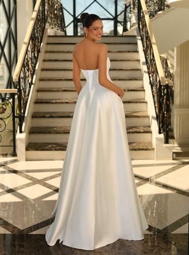 Women's Satin Prom Dresses 2025 Strapless A-line Formal Gowns High Slit Pleated Evening Gowns2