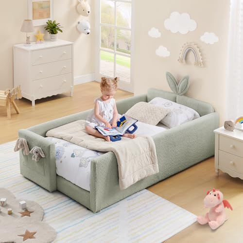 Image of Twin Size Kids Bed with Rabbit Ear Headboard, Upholstered Boucle Fabric Twin Daybed with Slats Support & Side Pockets, Space-Saving Wooden Corner Sofa Couch Bed Frame for Girls, Boys, Teenager(Green)