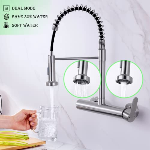 Flwueue Wall Mount Faucet 8 Inches Center, With Pull Down Sprayer, High Arc Single Handle Spring Kitchen Sink Faucet, Grifos De Cocina, Brushed Nickel #TOP2