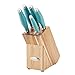 Rachael Ray Cucina Japanese Stainless Steel Knife Kitchen Cutlery Wooden Block Set, 6 Piece, Agave Blue