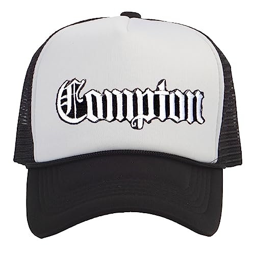 TOP HEADWEAR Old English Trucker Hat - City Snapback Cap, Black/White Compton