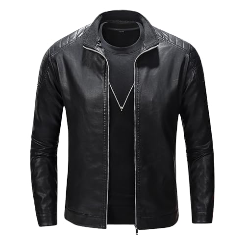 Chaqueta de cuero para hombre, corte entallado, cuello alto, chaqueta de piel sintética con cremallera completa para hombre, Negro, L