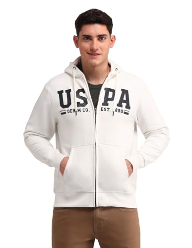 Image of U.S. Polo Assn. Denim Co. Men's White Logo Hooded Neck Long Sleeve Casual Cotton Regular Fit Sweatshirt