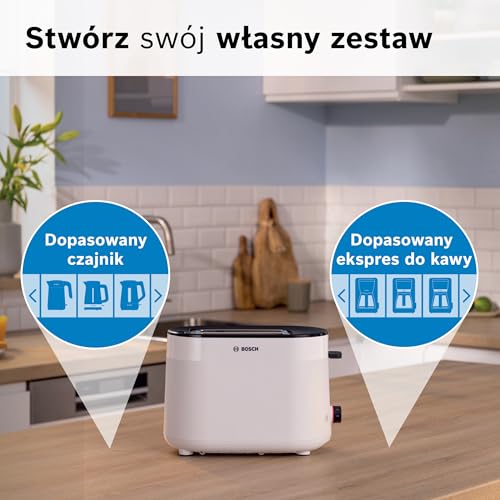 Bosch, toster, MyMoment, pojemnik na 2 kromki, podgrzewanie, rozmrażanie, ruszt na bułki, funkcja wysokiego podnoszenia, automatyczne wyłączanie, biały, TAT2M121