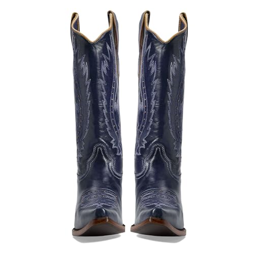 Women's Vintage Embroidered Rivet Block Heel Cowgirl Mid Calf Western Boots Fashion Studded Square Toe Pull On Chunky Heel Cowboy Knee High Boots for Women2