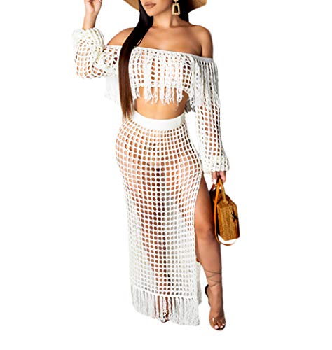 Conjunto de falda de dos piezas para mujer - Borla hueca hacia fuera del hombro alto Split Cover Up Bikini Vestidos de playa - Blanco - X-Large