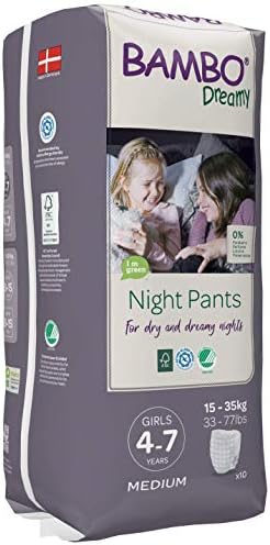 Bambo Dreamy Night Pants Nappies, Pull Up Pants, Eco Night Time Nappies Keep Beds Dry All Night, Pull Ups Training Nappies, Secure, Comfortable, Potty Training Pants, Girls M, Age 4-7, 15-35kg, 10PK