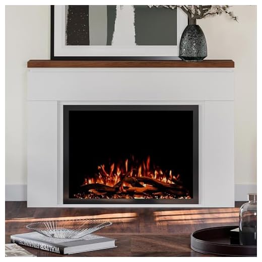 Modern Ember Sabrina Smart Electric Fireplace Mantel Package | 33” Firebox Heater | Sleek Design w/Walnut Finish Mantel | Multi-Flame Colors & Speed | Alexa/WiFi Enabled - Remote Included