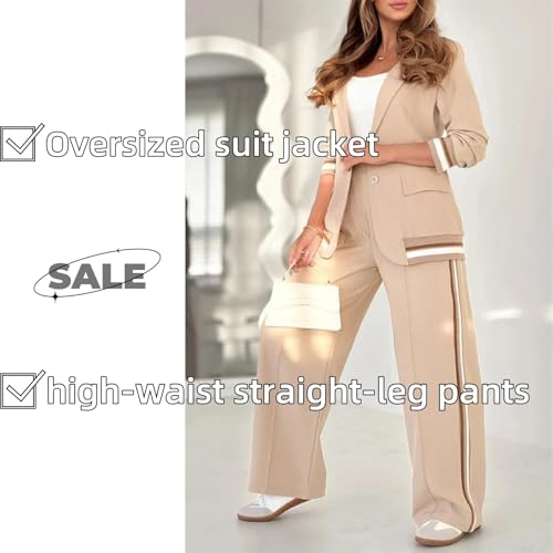 2025 Temperament Solid Color Ribbed Suit Set, Womens Dressy 2 Piece Pant Suits,Blazer and Straight Leg Pants Sets2