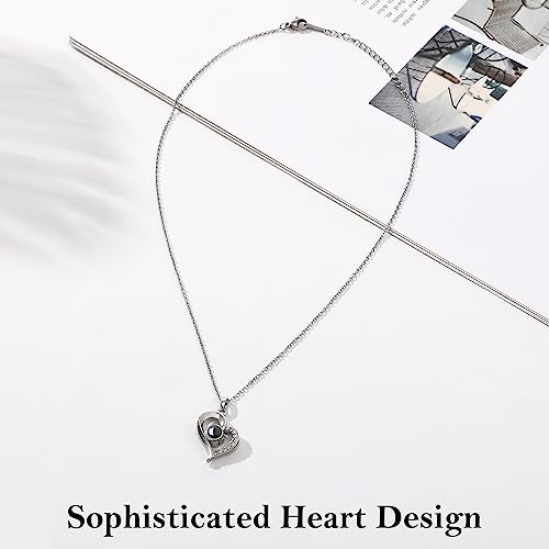 Emibele I Love You in 100 Languages Necklace, Gold Plated Heart Pendant Necklace, Romantic Dainty Silver Necklace Jewelry for Women Mother Girlfriend Wife, Silver - Afbeelding 5