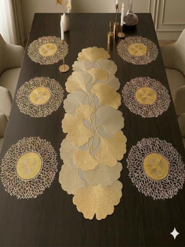 Image of Dakshya Industries PVC Waterproof Round Table Placemat & Table Runner Combo Set | 6 Round Table Mats (38 x 38 cm) + 1 Table Runner | Heat Resistant, Washable, Non Slip Dining Table Decor (Veloura)