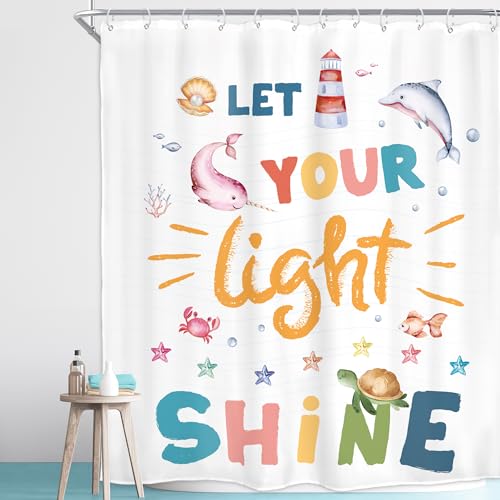 Homewelle Kids Quotes Shower Curtain Inspirational Cartoon Ocean Sea Animals Colorful Let You Light Shine Classical 60Wx72H Inch English Letter for Child Waterproof Polyester Fabric Bathroom Bathtub - Image 2