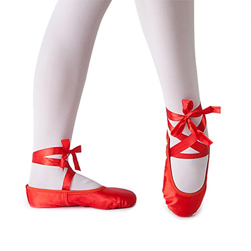 MSMAX Ballet Slippers Satin Dancing Yoga Flats with Ribbon for Girls Red 13.5 M US Little Kid4