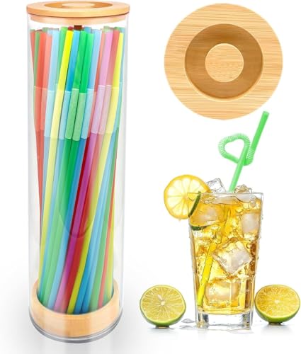 Straw Holder Dispenser for Counter,12-Inch Drinking Straw Dispenser with 100 Straws,Acrylic Straws Organizer with Bamboo Lid,Transparent Straw Storage Container for Kitchen,Pencils and Silverware