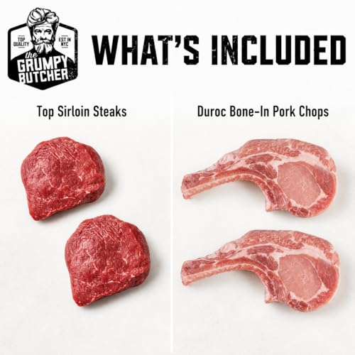 Image of Grumpy Butcher Aged Top Sirloin Steaks & Duroc Bone-In Pork Chops, 4 Piece Meat Gift Set - USDA Top Choice Beef Steak With Gift Box Option - Ships Frozen