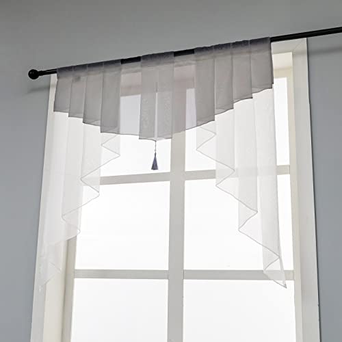 Swag Sheer Valance Curtains For Living Room, Valance For Farmhouse Windows, Voile Tassel Rod Pocket Tailored Scalloped Curtains For Cafe Bedroom Bathroom Windows 1Pc Grey+White 39" W X 39" L Inches #TOP2