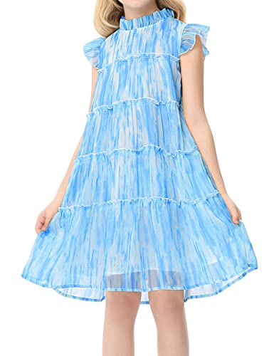 Girls Ruffle Dress Sleeveless Zipper Up Back Bow Tiered Chiffon A-Line Dress Flow Cute Midi Dresses 3-12 Years