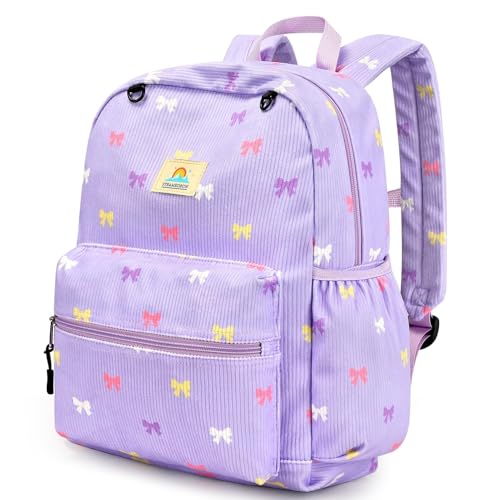 Image of STEAMEDBUN Corduroy Kids Backpack for Girls 5-8: Girls Backpack for Elementary Kindergarten - 15 inch Cute Backpacks for Kids - Purple Bow