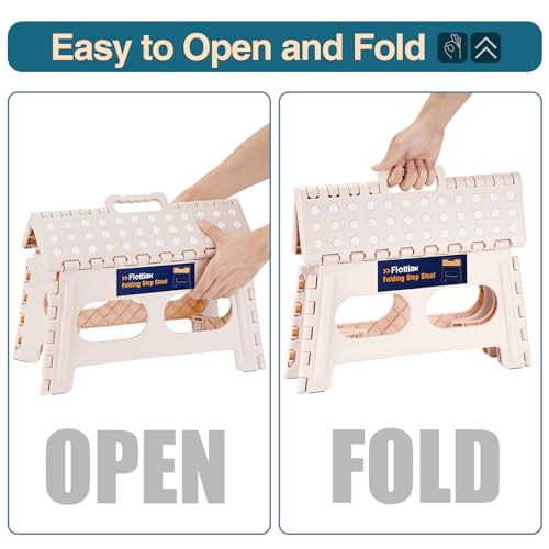 Image of Flottian 9 inch Folding Step Stool for Adults and Kids 15-Inch Extra Wide Stool Holds Up to 300 lbs,Non-Slip Folding Stools with Handle,Compact Plastic Foldable Step Stool for Bathroom,Kitchen,ect,Khaki