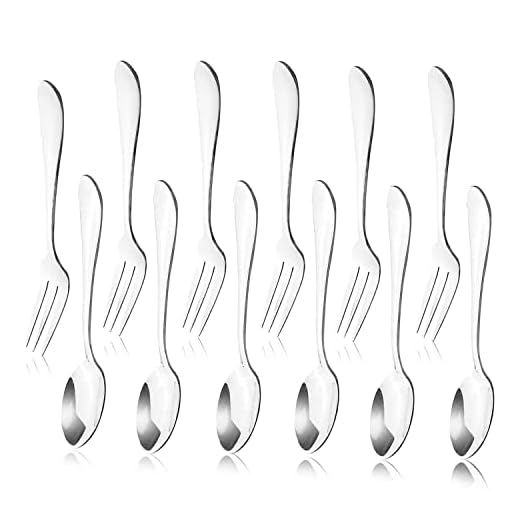 12pcs Stainless Steel Tea Dinner Server Spoon and Cake Fruit Forks Kitchen Accessory Wedding Party for Dessert, Salad, Appetizer, Cocktail(6 Forks + 6 Spoons)