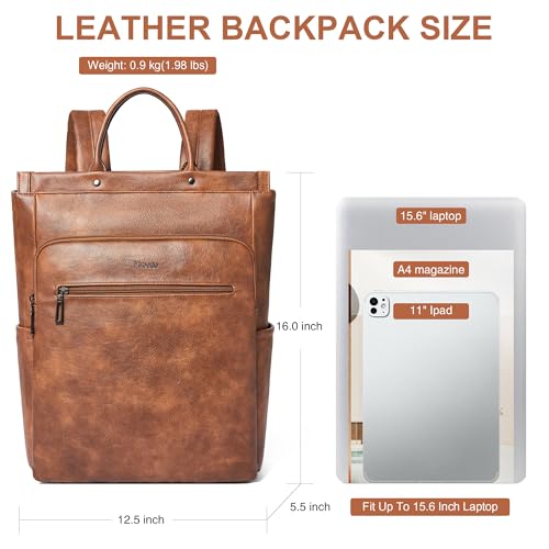 Leather Laptop Backpack for Women, Travel Backpack Purse Fits 15.6 Inch Laptop, Casual Daypack with Laptop Compartment for Teachers College Work Business Nurse Weekender, Brown4