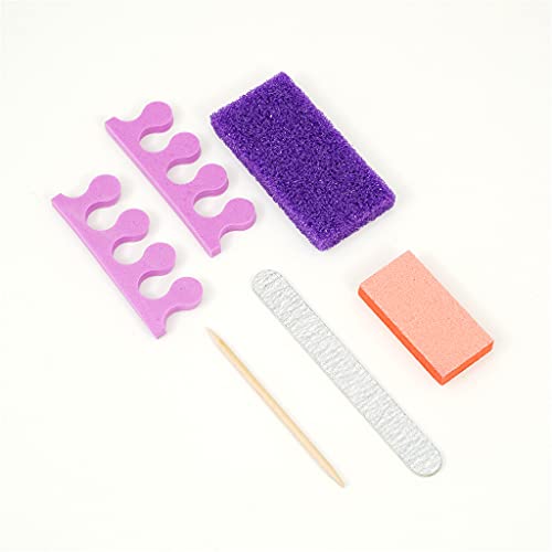 Lunox 5-Piece Pedicure Pedi Kit With Toe Separator, Purple Pumice Pad, White Wood Nail File 100180 Grit, Orange Mini Buffer 100180 Grit, Wood Stick, 200-Count