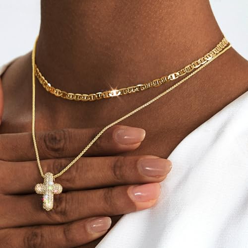 OGD Bubble Cross Necklace for Women 14k Gold Plated Cross Necklace Stackable Dainty Gold Necklace Mariner Chain Necklace CZ Cross Pendant Necklaces Set Simple Jewelry Gift2