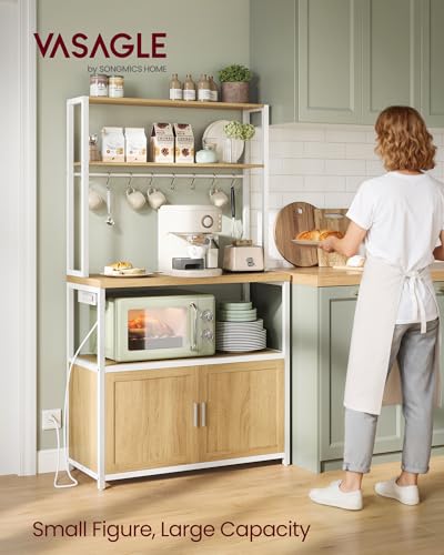 Image of VASAGLE Kitchen Bakers Rack with Power Outlet, Coffee Bar with 35.4-Inch High Worktop, Microwave Stand with 8 Hooks, 15.7 x 31.5 x 66.9 Inches, Golden Oak and Cloud White UKKS059Y01