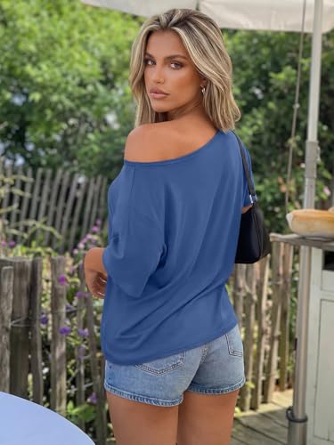 Image of Trendy Queen Womens Off the Shoulder Tops Oversized Summer T-Shirts 2026 | Breathable Strenchy Comfort Material Short Sleeve Basic Oversized Tees Casual Workout Gym Y2k Going Out Clothes