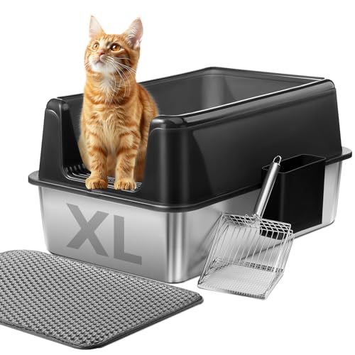 Marchul Stainless Steel Cat Litter Box with High Walls & Metal Scoop/Mat/Scoop Holder, XL Large for Multi-Cat Homes, Anti-Urine Leakage for Heavy Flow Cats Open