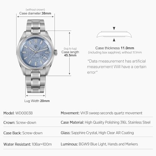 Image of watchdives WD0003 Original Design Aventurine Men Watch VH31 Sweep Second Quartz Watch 36mm Sapphire Crystal Luxury Wristwatch 100m Waterproof Stainless Steel