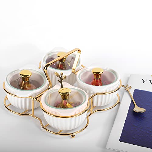 Condiment Pots Container Seasoning Box Set Of 4 Porcelain Mosquito Jar Spices Container With Cover Glass Holders Stainless Steel Spoon And Tray For Your Home Kitchen Counter (White) #TOP1