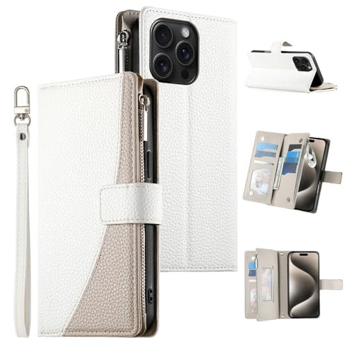 Étui fermeture éclair Google Pixel 8 protection intégrale cuir blanc avec portefeuille