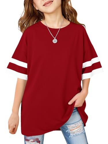 Image of Girls Oversized T Shirts Kids Summer Striped Short Sleeve Tops Casual Crewneck Tees 5-14 Years