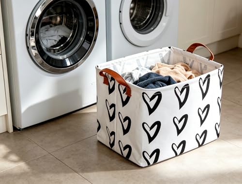 Image of CLOCOR Heart Rectangular Storage Bin, Collapsible Waterproof Books Box with Handles, Gift Baskets (Black Hearts)