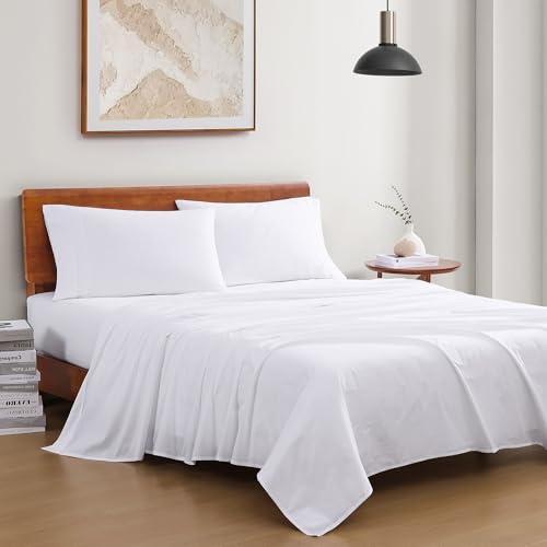 Image of Lane Linen 100% Organic Washed Cotton Sheet Set, White, Double, 4 Piece Set (1 Flat Sheet, 1 Fitted Sheet, 2 Pillowcase)