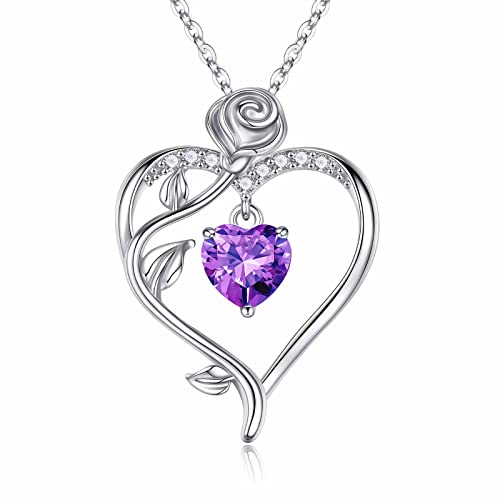 February Birthstone Necklace for Women, Purple Garnet Necklace Rose Love Heart Birthstone Jewelry Mothers Valentines Day Christmas Anniversary Birthday Gifts for Mom Wife Girlfriend Daughter Her