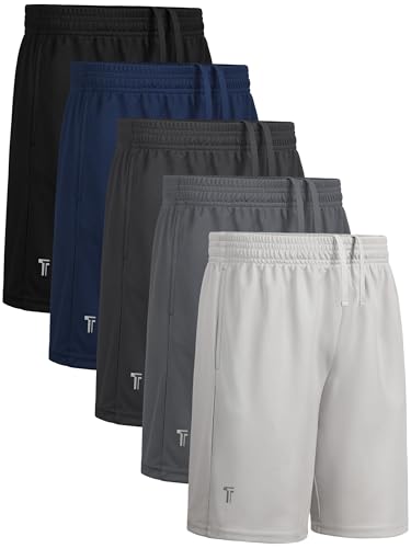 Tuliara 5 Pack Boys Athletic Shorts Mesh Running Shorts Quick Dry for Teen Kids Basketball Soccer Sport Drawstring Waist Set A L