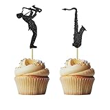 Morndew 24 PCS Black Glitter Saxophone and Player Cupcake Toppers for Kids Music Themed Party Children Birthday Party Baby Shower Wedding Party Decorations