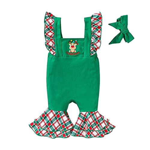 Vestido infantil para meninas de Natal sem mangas com babados e veado bordado de sino (verde, 6 a 12