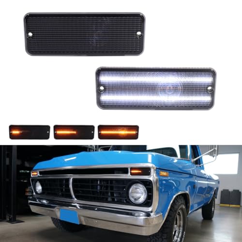 Tonsya For 1974 1975 1976 1977 Ford F-100 F100 Front Bumper Turn Signal Side Marker lights Smoked Lens Amber/White LED D5TZ13200A 906-55-22-04