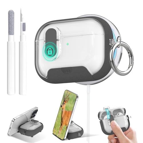 Image of Aircawin for Airpods Pro 3 Case Clear,Secure Lock for Airpods pro 3rd Generation Case Cover with Phone Stand and Magsafe Function,Auto Pop-up,Hybrid Protection with Carabiner&Cleaning Pen-Furry Grey