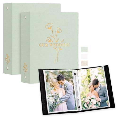 Lanpn Wedding Photo Album 5x7 2 Packs, Each Pack holds 50 Pictures, Slip in Pockets Mini Linen Top Loading Wedding Photo Albums for Portrait Only 5 x 7 Picture (Flower, Sage Green)