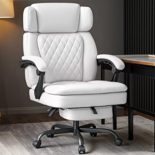 Image of 400lbs Office Chair with Foot Rest, Ergonomic Big and Tall Office Chair with Adjustable Headrest, High Back PU Leather Computer Chair,Comfy Heavy Duty Office Desk Chair (Classic White)