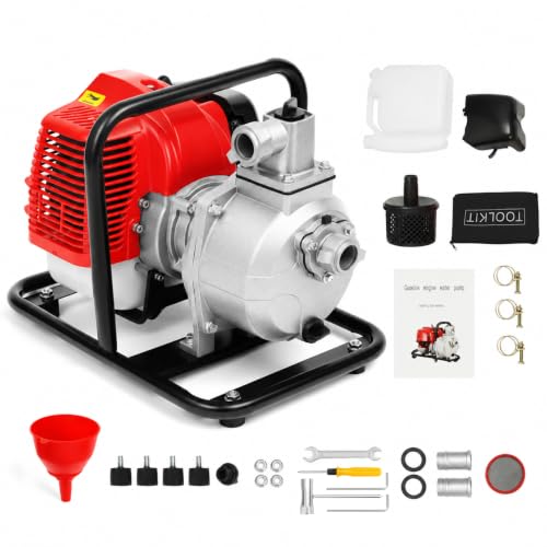 2 Stroke Gas Water Pump, 1Inch Portable Water Transfer Pump, 1.7HP 35GPM 98FT Lift, Petrol Water Transfer High Pressure Pump for Garden Irrigation Farm Pool Draining