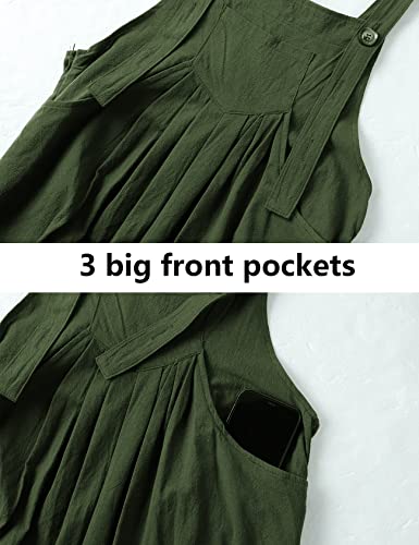 Rxozrxoz Womens Wide Leg Overalls Loose Fit Button Baggy Cotton Linen Bib Jumpsuits With Pockets(Armygreen-S) #TOP4