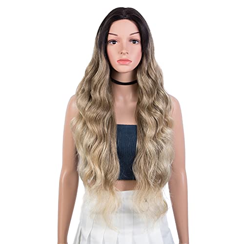 JOEDIR LUX 30" Long Body Wavy Wig 2"x4" Simulated Scalp Synthetic Wigs Ombre Brown to Blonde Heat Resistant 150% Density