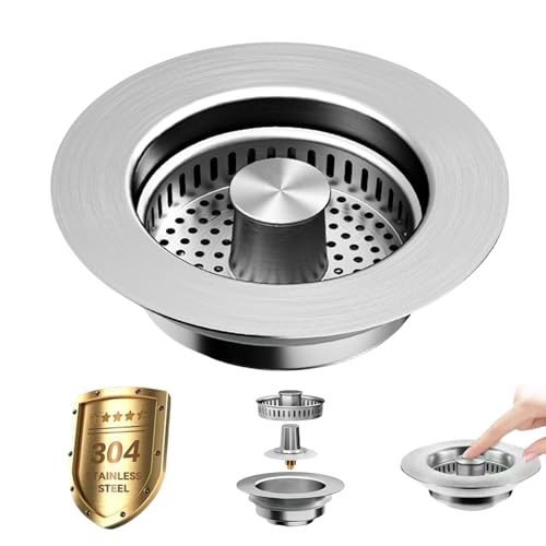 Colador para fregadero de cocina, tapón de desagüe con colador, colador para fregadero, 3 en 1, tapón de desagüe de acero inoxidable, protección ideal para el fregadero de la cocina, color plateado